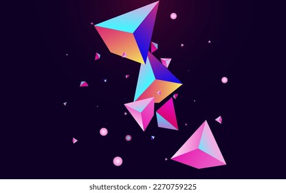 Bright Crystal Vector Dark Violet Background. Unicorn Abstract Elements Decoration. Magical Trendy Glass Magazine. Cosmic Tetrahedron Graphic Catalog.
