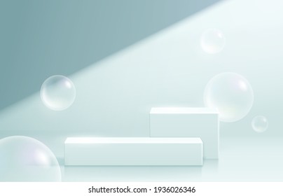 Bright cube Podium in blue background product display with transparent bubbles. Platform for soap, shampoo, healthcare, cosmetic, skincare product. 3d rectangular podium vector