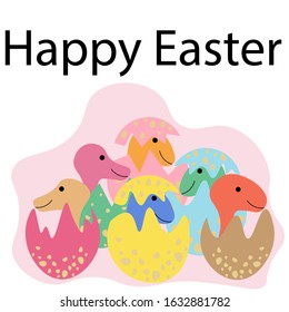 Bright cubs of dinosaurs in eggs with the inscription "Happy Easter" isolated on a white background. Jurassic animal. Stock vector illustration for decoration and design, greeting cards, web pages