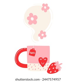 A bright cup set with strawberry-flower hot tea