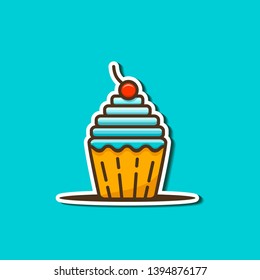 Bright cupcake with cherry sticker in the style of flat. Vector illustration for banner, flyer or print.