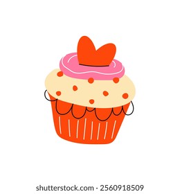 Bright cupcake with a heart and decorations. Pastry and dessert. Berry muffin. Romantic cupcake illustration for Valentine's Day, birthday, Women's Day, wedding