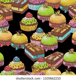 Bright cupcakes and cakes seamless pattern on a black background