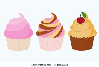 Bright cupcakes isolated on white background. Vector stock illustration.