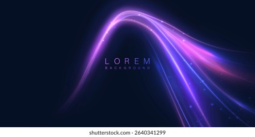 Bright curve of light lines in colorful purple glow on dark background. Suitable for technodesign, covers and digital interfaces.