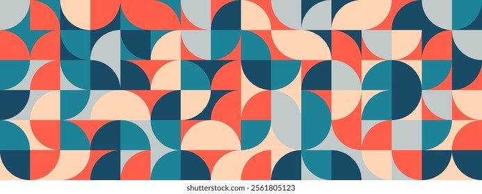 Bright curve seamless pattern. Abstract geometric mid century background. Colorful Swiss modernist or postmodernist style wallpaper. Vector modular repeating overlay. Colorful mural backdrop