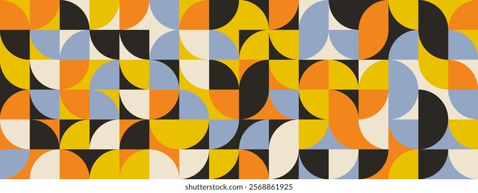 Bright curve seamless pattern. Abstract geometric mid century background. Colorful Swiss modernist or postmodernist style wallpaper. Vector modular repeating overlay. Mural backdrop concept