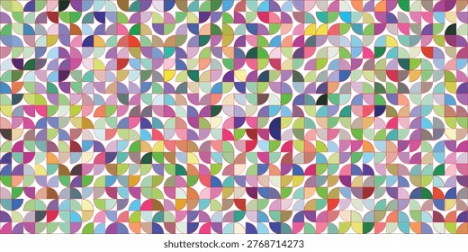 Bright curve seamless pattern. Abstract geometric mid century background. Colorful Swiss modernist or postmodernist style wallpaper. Vector modular repeating overlay. Colorful mural backdrop