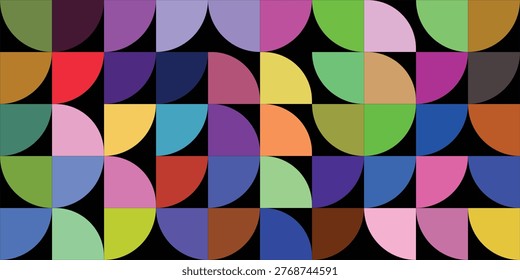 Bright curve seamless pattern. Abstract geometric mid century background. Colorful Swiss modernist or postmodernist style wallpaper. Vector modular repeating overlay.
