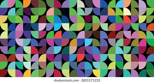 Bright curve seamless pattern. Abstract geometric mid century background. Colorful Swiss modernist or postmodernist style wallpaper. Vector modular repeating overlay. Colorful mural backdrop. modern