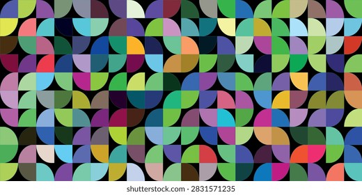 Bright curve seamless pattern. Abstract geometric mid century background. Colorful Swiss modernist or postmodernist style wallpaper. Vector modular repeating overlay. Colorful mural backdrop. modern