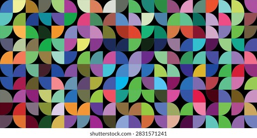 Bright curve seamless pattern. Abstract geometric mid century background. Colorful Swiss modernist or postmodernist style wallpaper. Vector modular repeating overlay. Colorful mural backdrop. modern