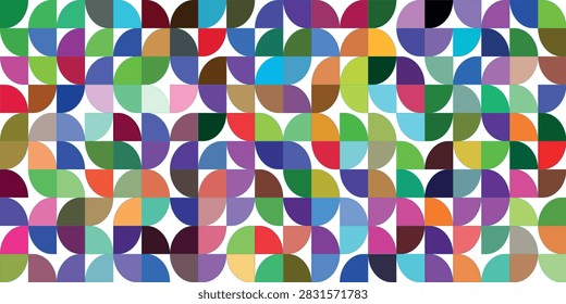 Bright curve seamless pattern. Abstract geometric mid century background. Colorful Swiss modernist or postmodernist style wallpaper. Vector modular repeating overlay. Colorful mural backdrop. eps10