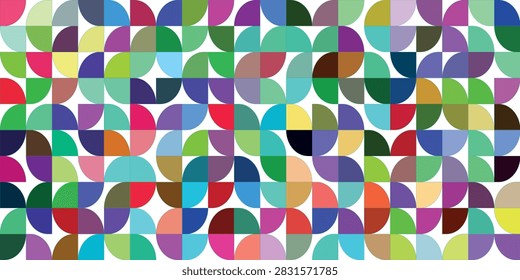 Bright curve seamless pattern. Abstract geometric mid century background. Colorful Swiss modernist or postmodernist style wallpaper. Vector modular repeating overlay. Colorful mural backdrop. eps10