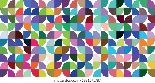 Bright curve seamless pattern. Abstract geometric mid century background. Colorful Swiss modernist or postmodernist style wallpaper. Vector modular repeating overlay. Colorful mural backdrop. eps10