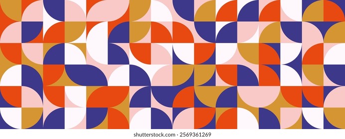 Bright curved seamless pattern. Abstract geometric mid century background. Colorful Swiss modernist or postmodernist style wallpaper. Vector modular repeating overlay. Red blue gold mural backdrop