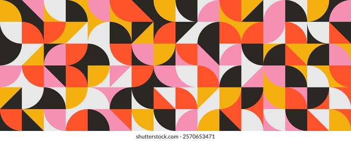 Bright curved seamless pattern. Abstract geometric mid century background. Colorful Swiss modernist or postmodernist style wallpaper. Vector modular repeating overlay. Red pink yellow mural backdrop