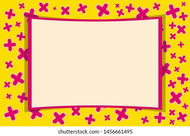 Bright curved vector frame for a photo or image in vintage style on a on a yellow background with pink crosses. Nice and pretty. Suitable for children,adults and hipsters.