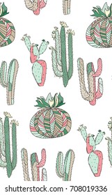 Bright cute beautiful abstract lovely mexican tropical floral herbal summer green pastel set of a cactus paint like child vector illustration. Perfect for textile, wallpapers, wrapping paper
