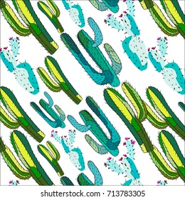 Bright cute beautiful abstract lovely mexican tropical floral herbal summer green set of a cactus paint like child diagonal pattern vector illustration