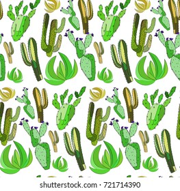 Bright cute beautiful abstract lovely mexican tropical floral herbal summer green set of a cactus paint like child vector illustration. Perfect for textile, wallpapers, wrapping paper