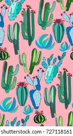 Bright cute beautiful abstract lovely mexican tropical floral herbal summer green cactus paint like child on pink background vector illustration. Perfect for textile, wallpapers, wrapping paper