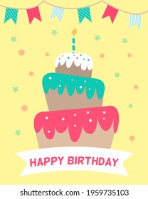 Bright and cute birthday cake card. Vector image