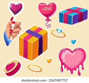 bright, cute book illustration, love, candy, heart, sweet, coin, money, gift, decoration, ring, gift wrap, box, set, February 14, March 8, present