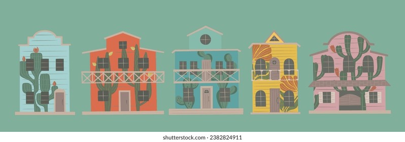 Bright cute cactus graffiti on wild west cities houses. Western street with wood buildings.