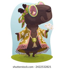 Un bonito y luminoso personaje de capibara con un traje a la moda de estilo hippie con gafas rosas y un montón de margaritas, gráficos vectoriales. Un personaje alegre y amable para los niños.