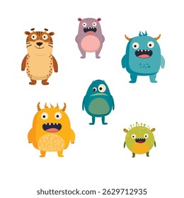 Bright and cute cartoon characters for children's stickers, friendly, funny monsters.