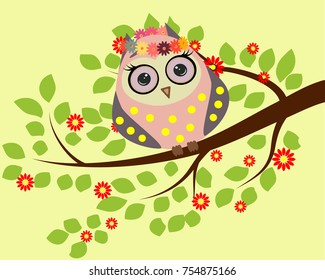 Bright cute cartoon owl sitting on the flowering branches of fantastic trees
