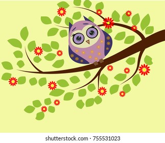 Bright cute cartoon owl sitting on the flowering branches of fantastic trees