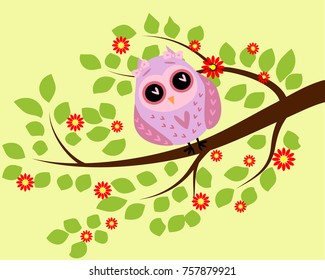 Bright cute cartoon owl sitting on the flowering branches of fantastic trees