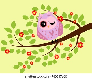 Bright cute cartoon owl sitting on the flowering branches of fantastic trees