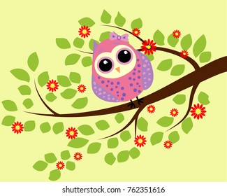 Bright cute cartoon owl sitting on the flowering branches of fantastic trees