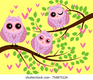 Bright cute cartoon owls sit on the flowering branches of fantastic trees