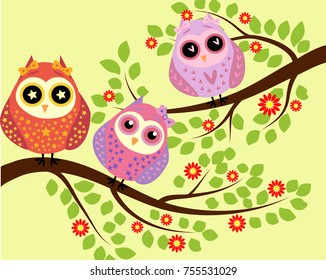 Bright cute cartoon owls sit on the flowering branches of fantastic trees