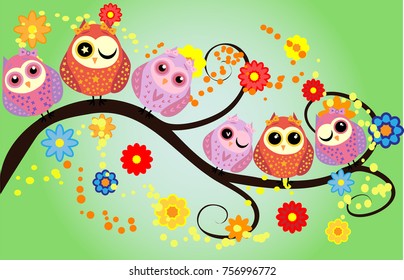 Bright cute cartoon owls sit on the flowering branches of fantastic trees