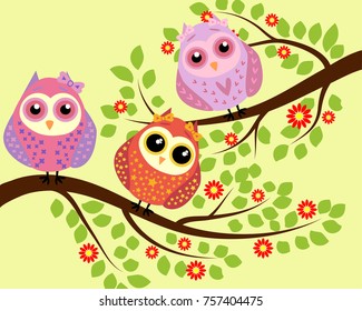 Bright cute cartoon owls sit on the flowering branches of fantastic trees