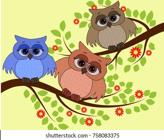 Bright cute cartoon owls sit on the flowering branches of fantastic trees