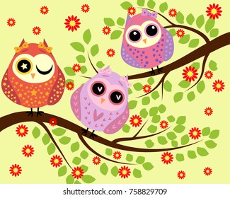 Bright cute cartoon owls sit on the flowering branches of fantastic trees