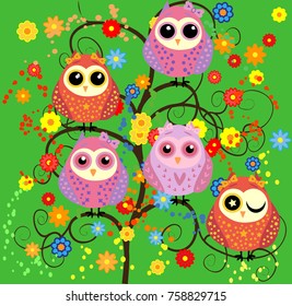 Bright cute cartoon owls sit on the flowering branches of fantastic trees