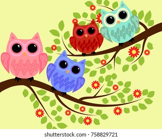 Bright cute cartoon owls sit on the flowering branches of fantastic trees