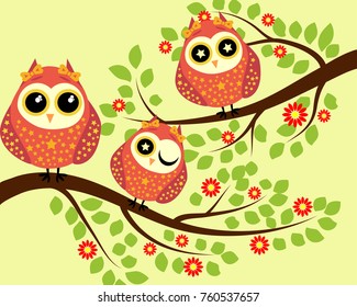 Bright cute cartoon owls sit on the flowering branches of fantastic trees