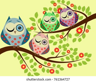 Bright cute cartoon owls sit on the flowering branches of fantastic trees