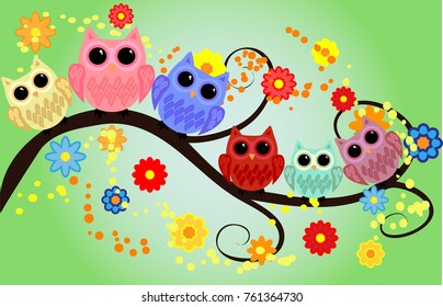 Bright cute cartoon owls sit on the flowering branches of fantastic trees
