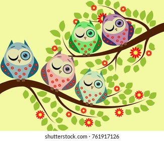 Bright cute cartoon owls sit on the flowering branches of fantastic trees