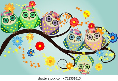 Bright cute cartoon owls sit on the flowering branches of fantastic trees