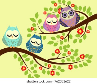 Bright cute cartoon owls sit on the flowering branches of fantastic trees